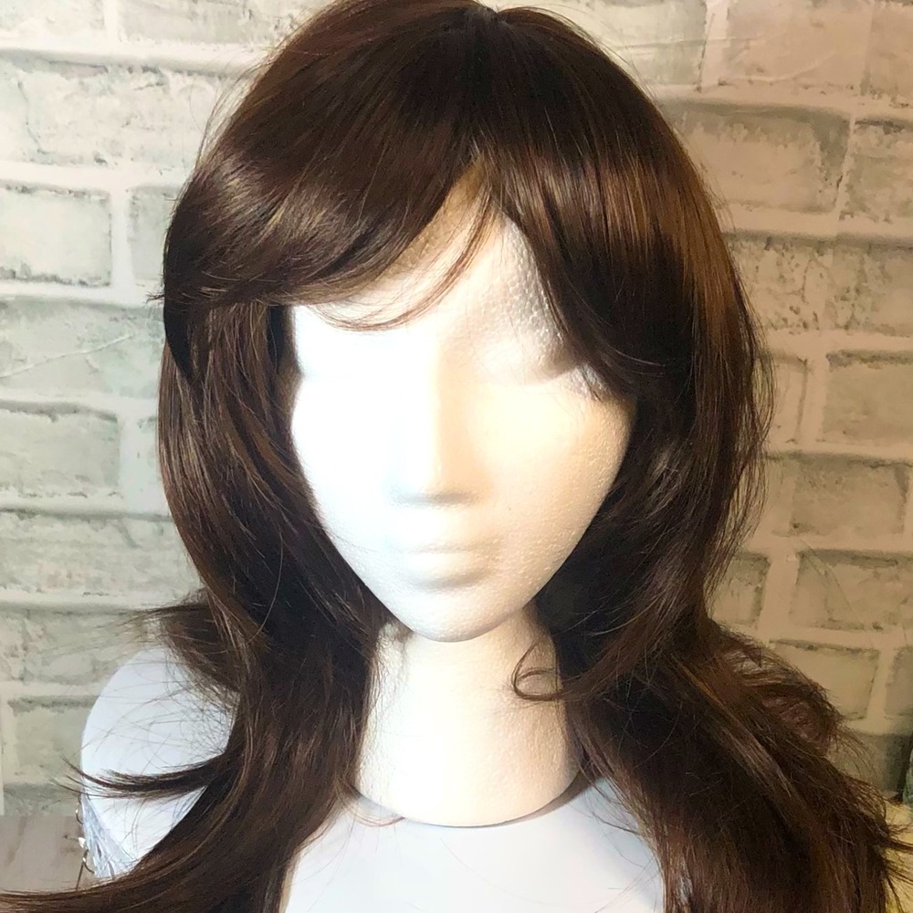 Brown Layered Medium Length Wig with Sweeping Bangs - New, never worn
